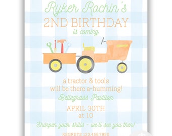 Watercolor Tractors and Tools Birthday Invitation
