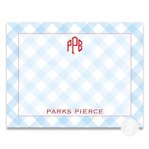 Papeterie pour garçons en vichy bleu/Cartes de correspondance classiques à monogramme pour garçons