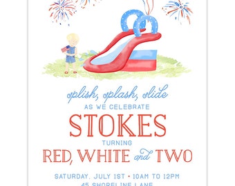 Watercolor Red, White, and Two Birthday Boy Invitation / Splish Splash / Waterslide / Patriotic / Classic Birthday