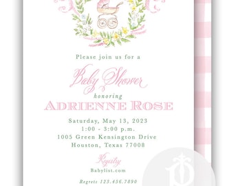 Watercolor Baby Shower Invitation, Crest, Baby Carriage, Baby Girl Florals, Baby Shower, Gingham