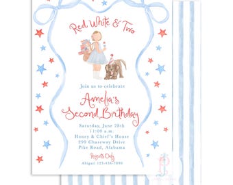 Watercolor Red, White, and Two Birthday Girl Invitation / Patriotic Birthday