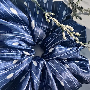 Oversized and Petite Scrunchie Navy Blue w/White Lines Satin XXL and Petite Scrunchies, Fall Boho Style, Holiday Gift Idea, Messy Bun Style