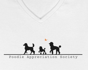 Poodle appreciation society Women's V-neck Shirt. Shirt with poodle parade. Shirt for those who love the breed. Minimalist design standard