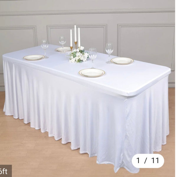 6ft Wavy Spandex Fitted Rectangle 1-Piece Tablecloth Table Skirt, Stretchy Table Skirt Cover with Ruffles. RENTAL AVAILABLE