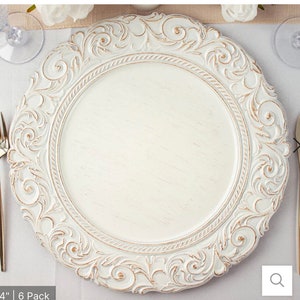 6 Pack | 14" Antique White / Gold Vintage Plastic Serving Plates With Engraved Baroque Rim, Round  Charger Plates