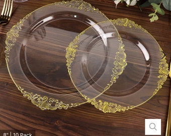 6 Pack | 13" Clear Gold Embossed Baroque Round Charger Plates With Antique Design Rim