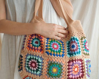 Granny Square Crochet Tote Bag, Cotton Acrylic Blend, Lined Interior, Rust Orange Bag
