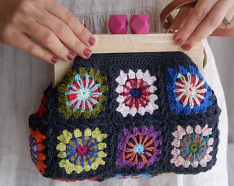 Granny Square Crochet Clutch with Wooden Clasp, Dark Gray Crochet Bag