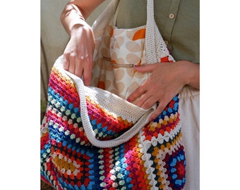 cream Crochet tote bag, granny square market bag, colorful big crochet bag with lining