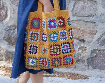 Mustard Crochet Granny Square Tote Bag, Colorful Cotton Shoulder Bag