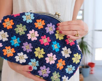 Crochet Purse, Navy Granny Square Bag, Floral Crochet Bag, Handmade Crossbody Bag, Vintage Style Colorful Flower Purse