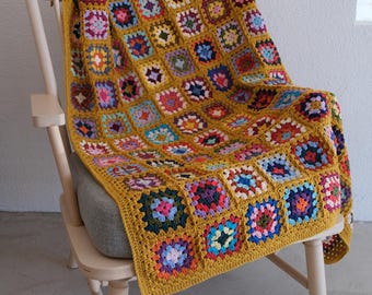 Mustard Border Crochet Throw Blanket, Multicolor Cotton Squares, Decorative Afghan