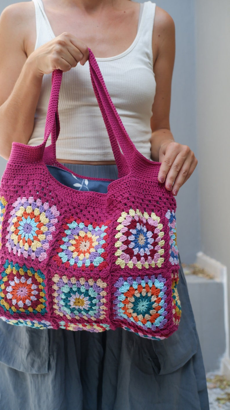 Pink Crochet Tote Baggranny Square Handbag Burgundi Crochet - Etsy