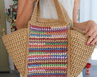 Raffia Tote Bag, Large Crochet Bag, Colorful Summer Tote, Handmade Beach Bag, Crochet Market Bag, Oversized Raffia Bag