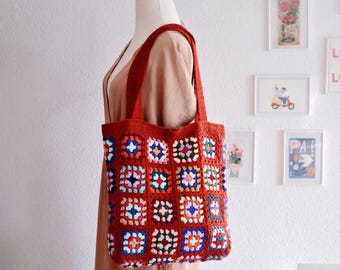 Rust Crochet Granny Square Tote Bag, Cotton Lined
