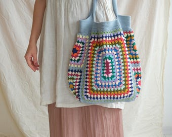 Light Blue Crochet Granny Square Tote Bag, Cotton Acrylic Market Beach Bag