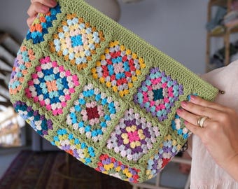 Green crochet granny square clutch, evening crochet bag