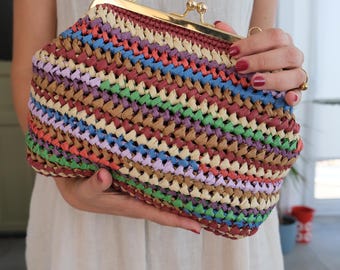 Colorful Raffia Crochet clutch, summer crochet paperyarn bag, gold clasp, cotton lining