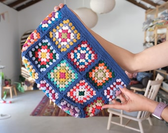 Blue crochet granny square clutch, evening crochet bag