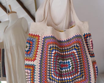 cream Crochet tote bag, granny square market bag, colorful big crochet bag with lining