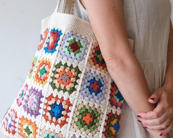 cream crochet granny square bag, crochet shoulder bag cream, colorful crochet tote bag