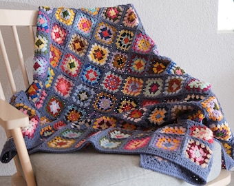 Granny Square Crochet Throw Blanket, Multicolor Cotton Blend, Blue Violet Border