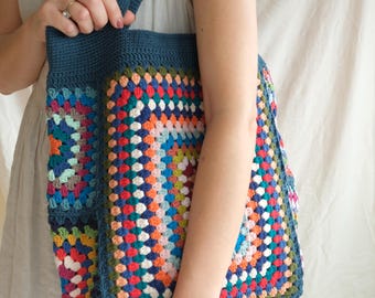 Deep Petrol Blue Crochet Granny Square Tote Bag, Market Beach Bag