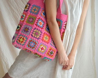Pink Granny Square Crochet Tote Bag, Cotton Yarn Market Bag
