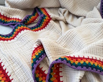 Cream Organic Cotton Muslin Blanket with Rainbow Crochet Border