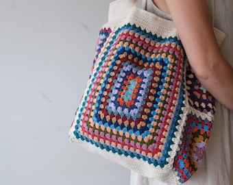 Cream Crochet tote bag, granny square bag cream, crochet shoulder bag