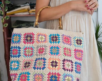 Granny Square Crochet Bag, Colorful Crochet Tote, Handmade Crochet Purse, Bamboo Handle Bag, Large Granny Square Bag