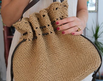 Natural Paper Raffia Crochet Drawstring Bag – Handmade Summer Bucket Bag