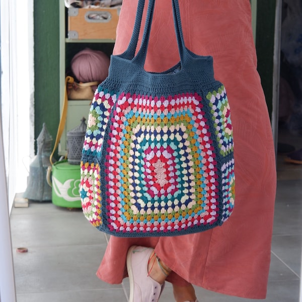 navy granny square crochet tote bag, blue crochet shoulder bag, crochet big handbag