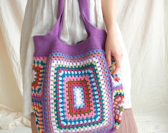 Purple Crochet Granny Square Tote Bag, Colorful Market Beach Bag