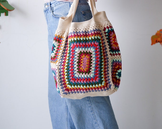 Crochet Tote Bag Granny Square Bag Cream Crochet Shoulder - Etsy