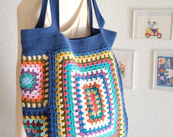 Blue Crochet bag, colorful cotton bag, granny square bag with lining