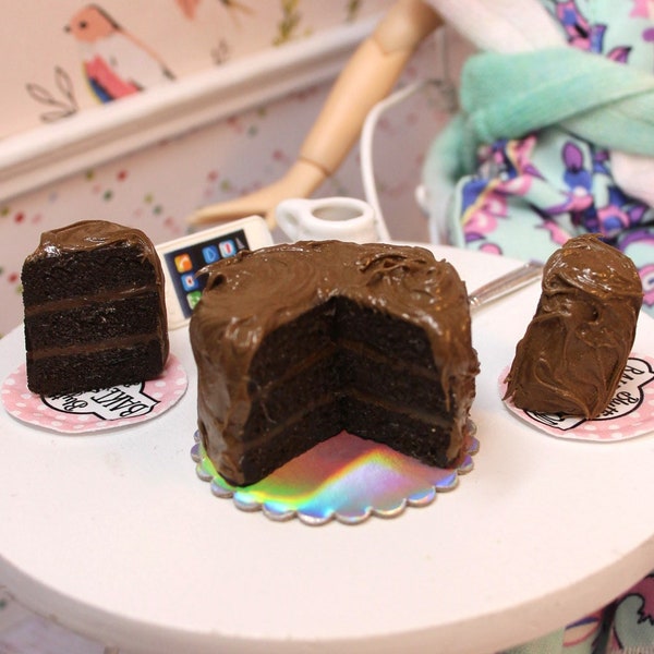 Miniature 3 Layer Chocolate Cake with Chocolate Frosting with 2 Cut Slices for Blythe Barbie