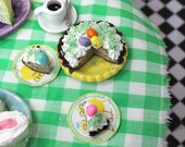 Miniature Chocolate Cream Pie Whipped Cream Candy Eggs in Handmade Ceramic Pie Plate with 2 Cut Slices for Blythe Barbie 1 6 Scale Playscale