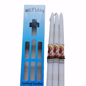 White Candles from Holy Land Jerusalem 3 candles in 1 carton blue carton with certificate and pictures of holy land