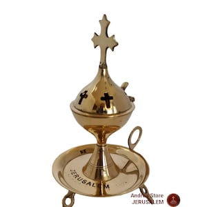 Brass Incense Burner Holder from Holy Land Jerusalem with plate, colour Gold  size 18*10cm