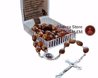 Rosario auténtico de madera de olivo con caja y certificado con tierra de Tierra Santa Belén hecho a mano