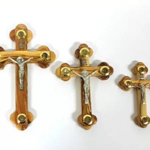 Authentic Olive wood cross Hand made in holy land Jerusalem Orthodox with 4 elements on the side of the cross-soil, incense, stones, leaf