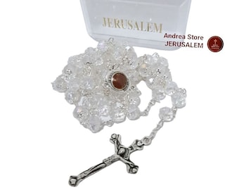 crystal beads rosary with soil from holy land jerusalem and metal crucifix hand made colour white with speical box