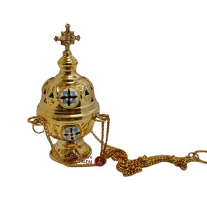 Brass orthodox incense burner hanging or stand on the table with crosses on sides very good quality