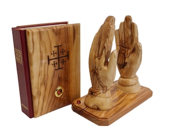 Hand prayer holding bible Handmade from olive wood from Holy land Jerusalem