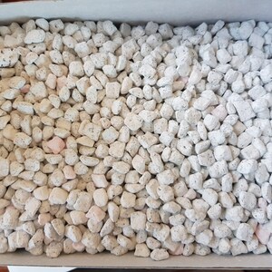 Könnte beinhalten: Eine Nahaufnahme einer Box, die mit weißen und rosafarbenen Lavasteinen gefüllt ist. Die Steine sind klein und unregelmäßig geformt und in einem zufälligen Muster angeordnet.