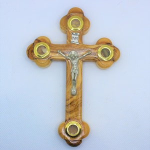 Olive wood cross with 4 souvenirs soil, flower, incense, stones from Jerusalem