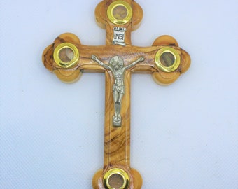 Olive wood cross with 4 souvenirs soil, flower, incense, stones from Jerusalem