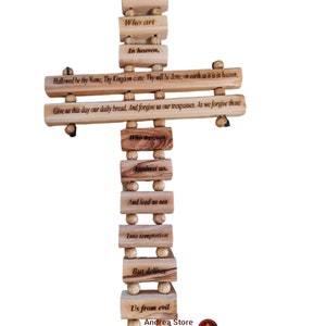 Our Father prayer carving on olive wood size 25 cm high hand made in holy land with shape of Holy cross nice blessing cross for home