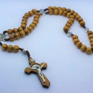 Saint benedict olive wood rosary with metal icons cord Necklace rosary hand made